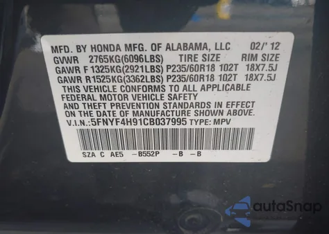 2012 Honda Pilot Touring из США, поврежденный, VIN 5FNYF4H91CB037995